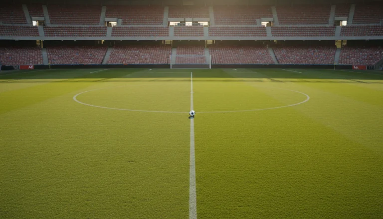 Voetbalveld met drie duidelijke zones gemarkeerd en een bal op de middenstip