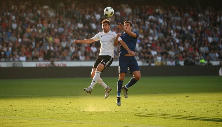 Voetbalspeler in actie op een groen veld met een weegschaal-symbool op de achtergrond