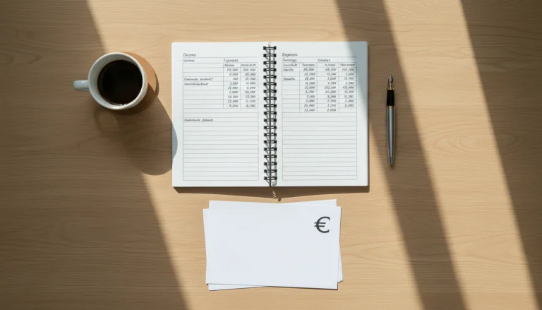 Persoon plant een budget aan een opgeruimd bureau met een notitieboek en een €-symbool