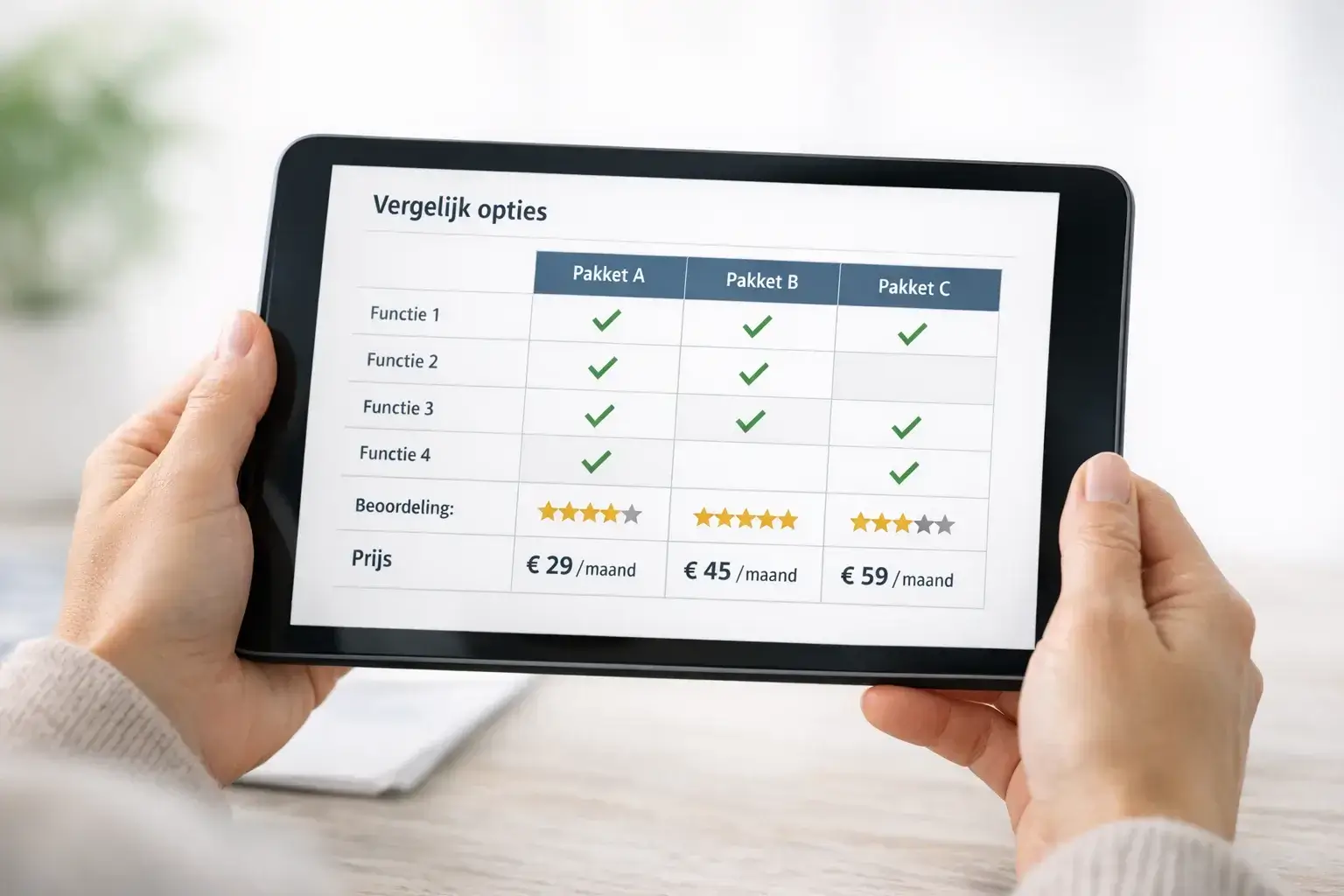 Vergelijkingstabel met bonusaanbiedingen op tablet