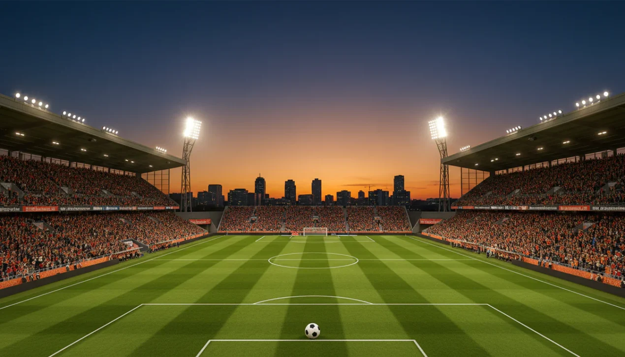 Voetbalstadion met groene grasmat en verlichte tribunes tijdens een avondwedstrijd in Nederland