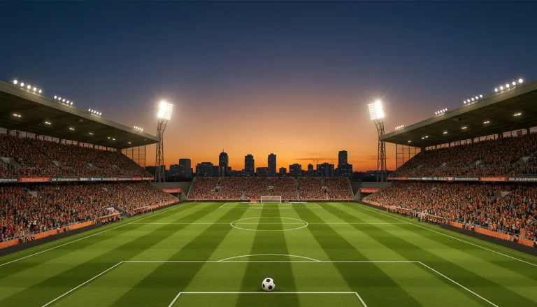 Voetbalstadion met groene grasmat en verlichte tribunes tijdens een avondwedstrijd in Nederland