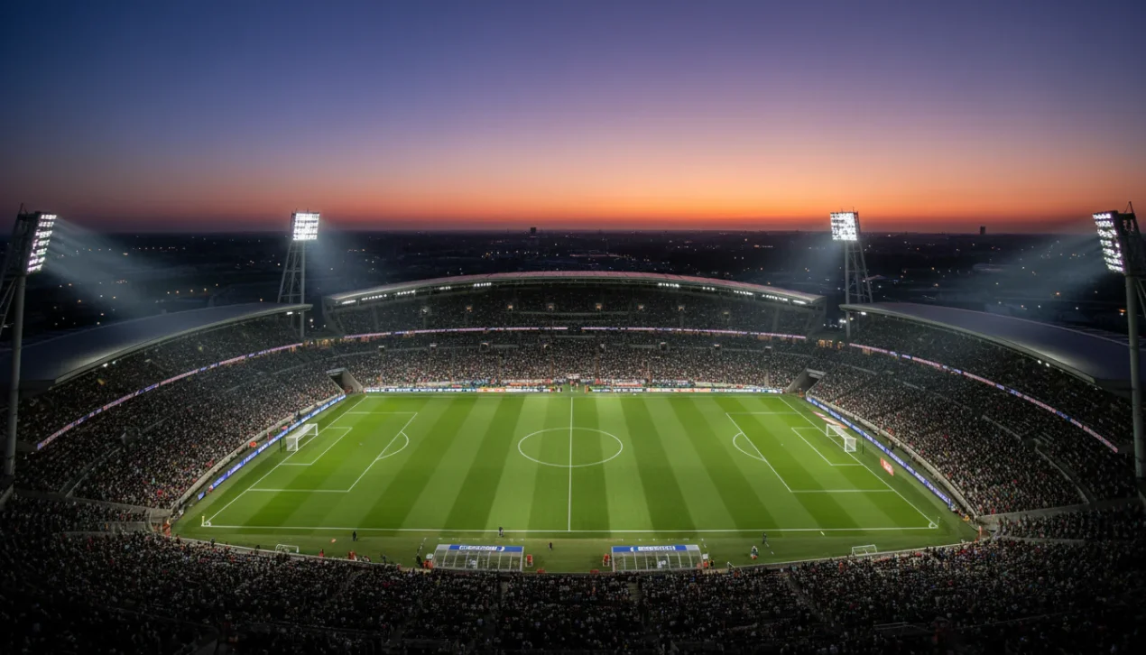 Voetbalveld vanuit hoog perspectief met lichtmasten en een gevuld stadion bij schemering