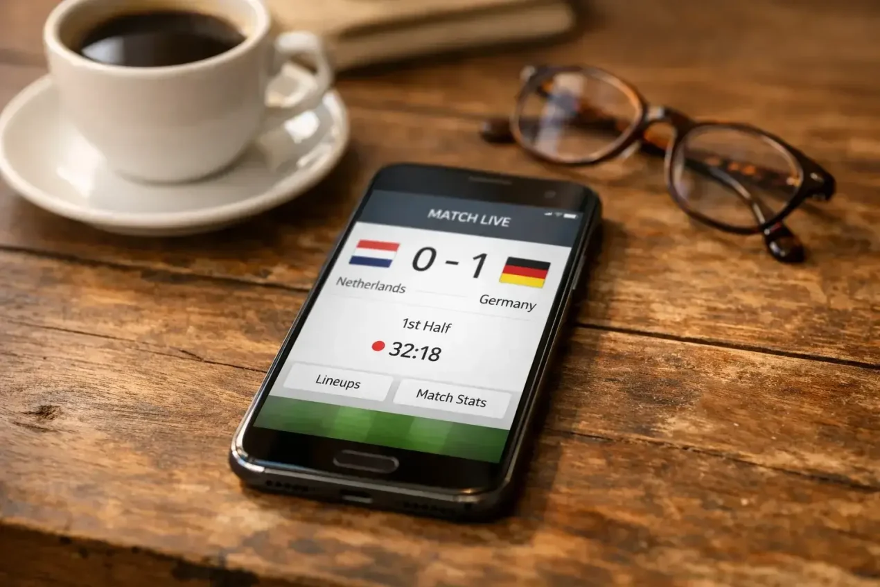 Smartphone met sportweddenschap app op houten tafel