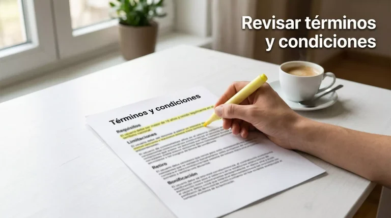 Opengeslagen document met bonusvoorwaarden op een bureau naast een kop koffie