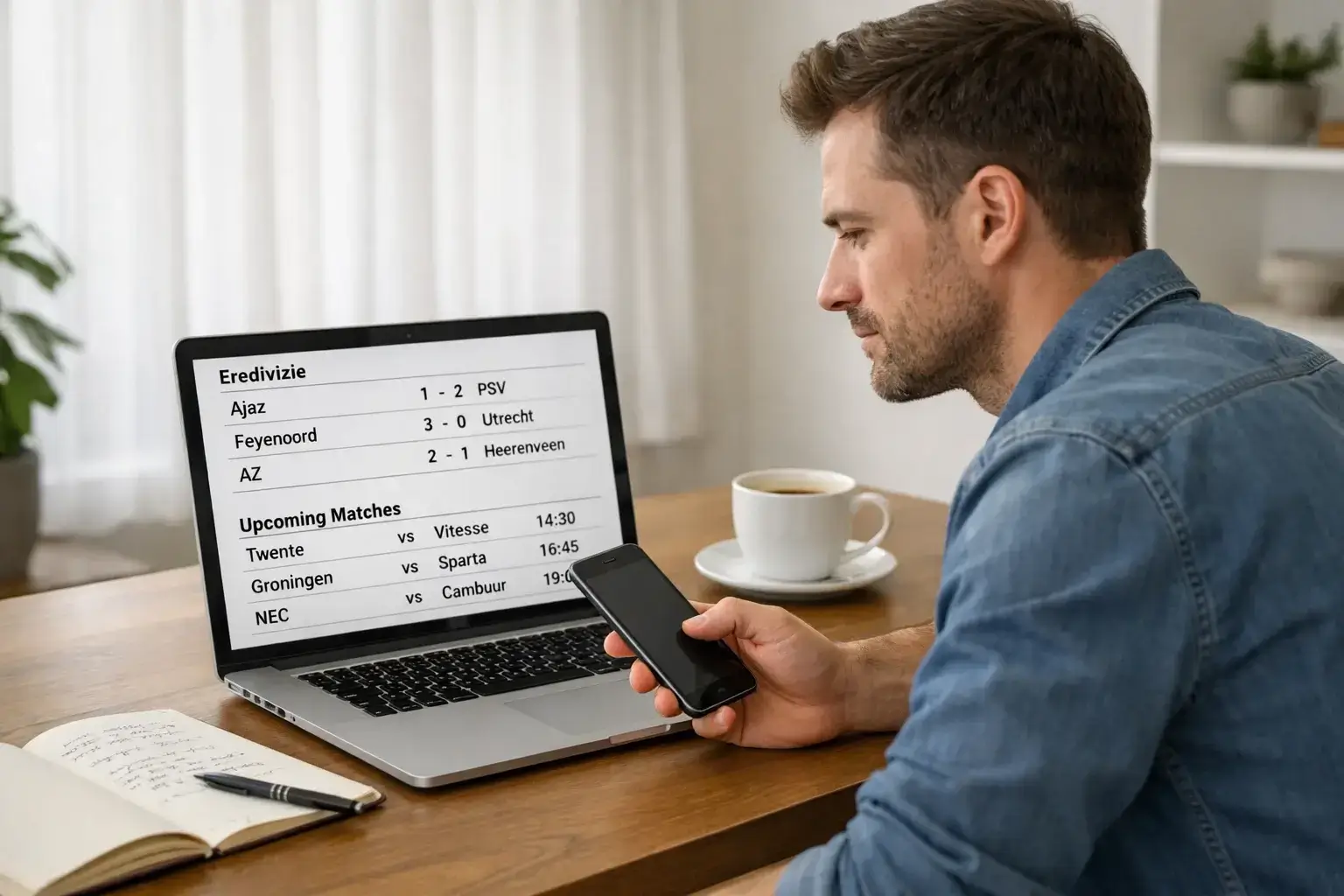 Persoon vergelijkt sportweddenschappen odds op laptop en smartphone
