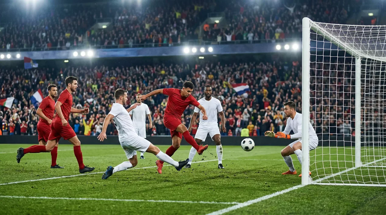 Twee voetbalteams in actie bij de goal met de bal richting het net in een vol stadion