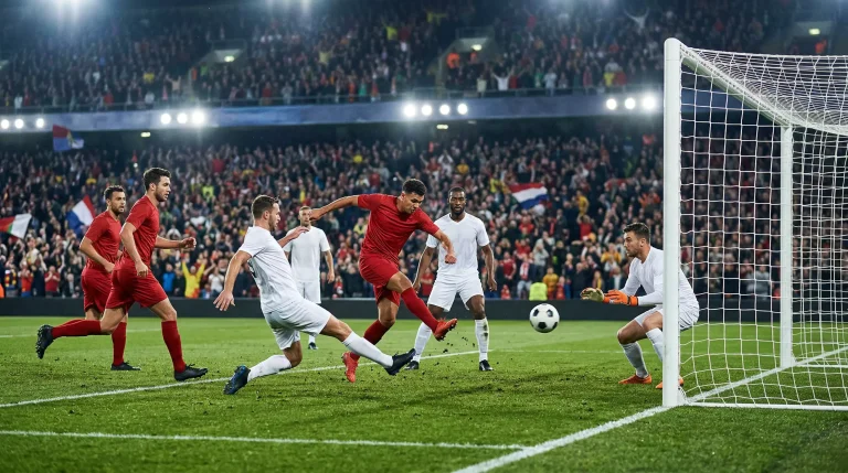 Twee voetbalteams in actie bij de goal met de bal richting het net in een vol stadion