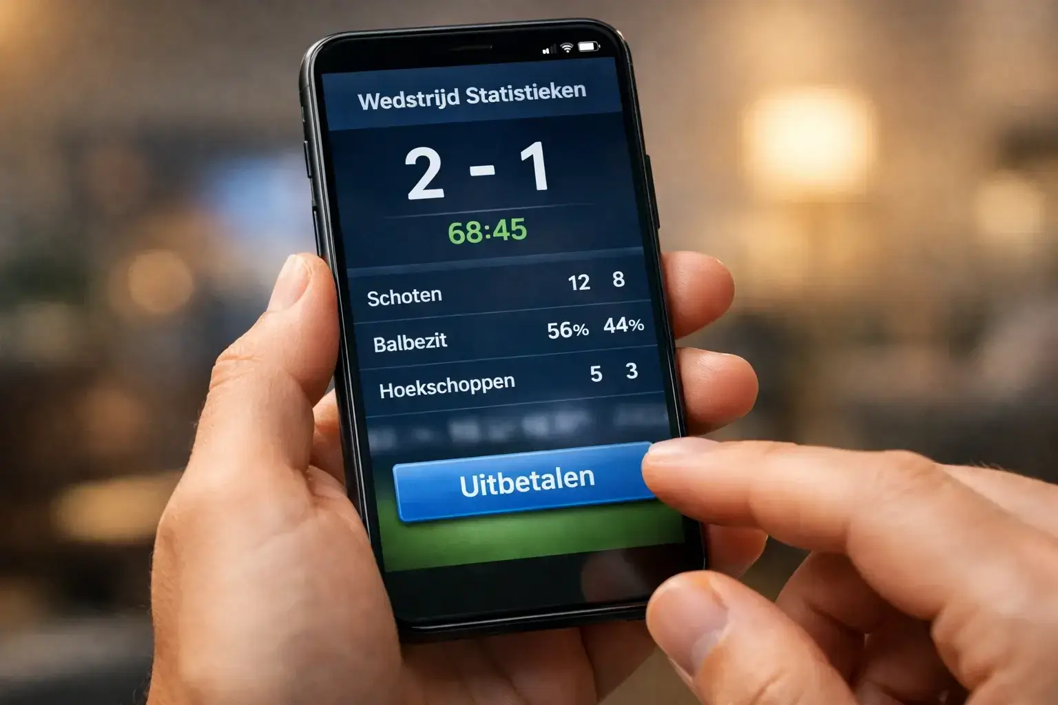 Close-up van smartphone met wedstrijdstatistieken en beslissingsmoment