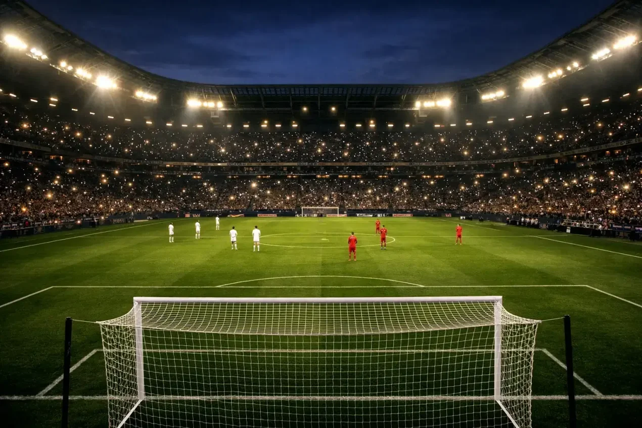 Champions League wedstrijd in verlicht Europees stadion met sfeervolle avondatmosfeer