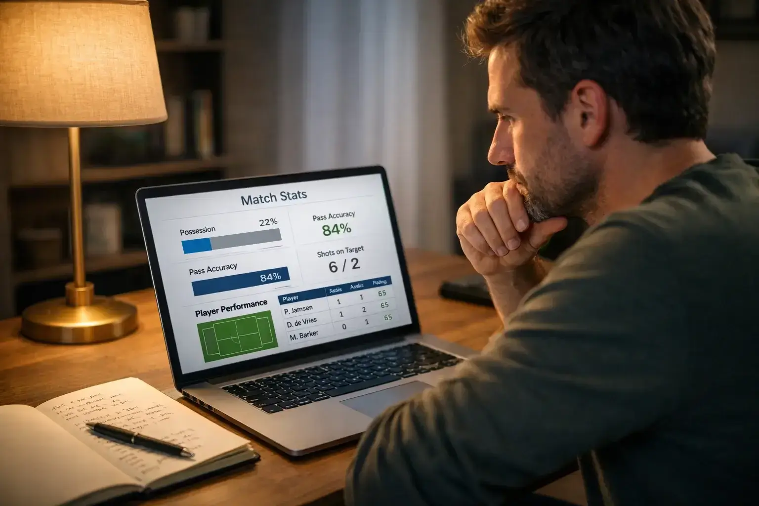Man analyseert voetbalstatistieken op laptop