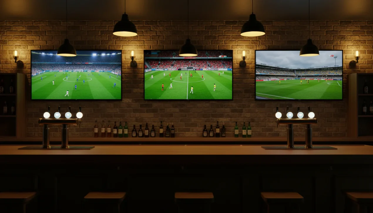 Meerdere voetbalwedstrijden tegelijk op schermen in een sportomgeving met groene velden