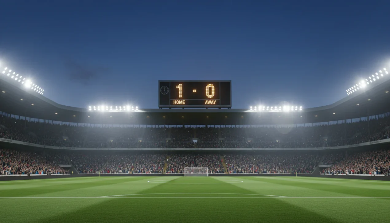 Scorebord in een voetbalstadion met een verlicht veld en publiek op de achtergrond
