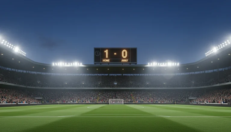 Scorebord in een voetbalstadion met een verlicht veld en publiek op de achtergrond
