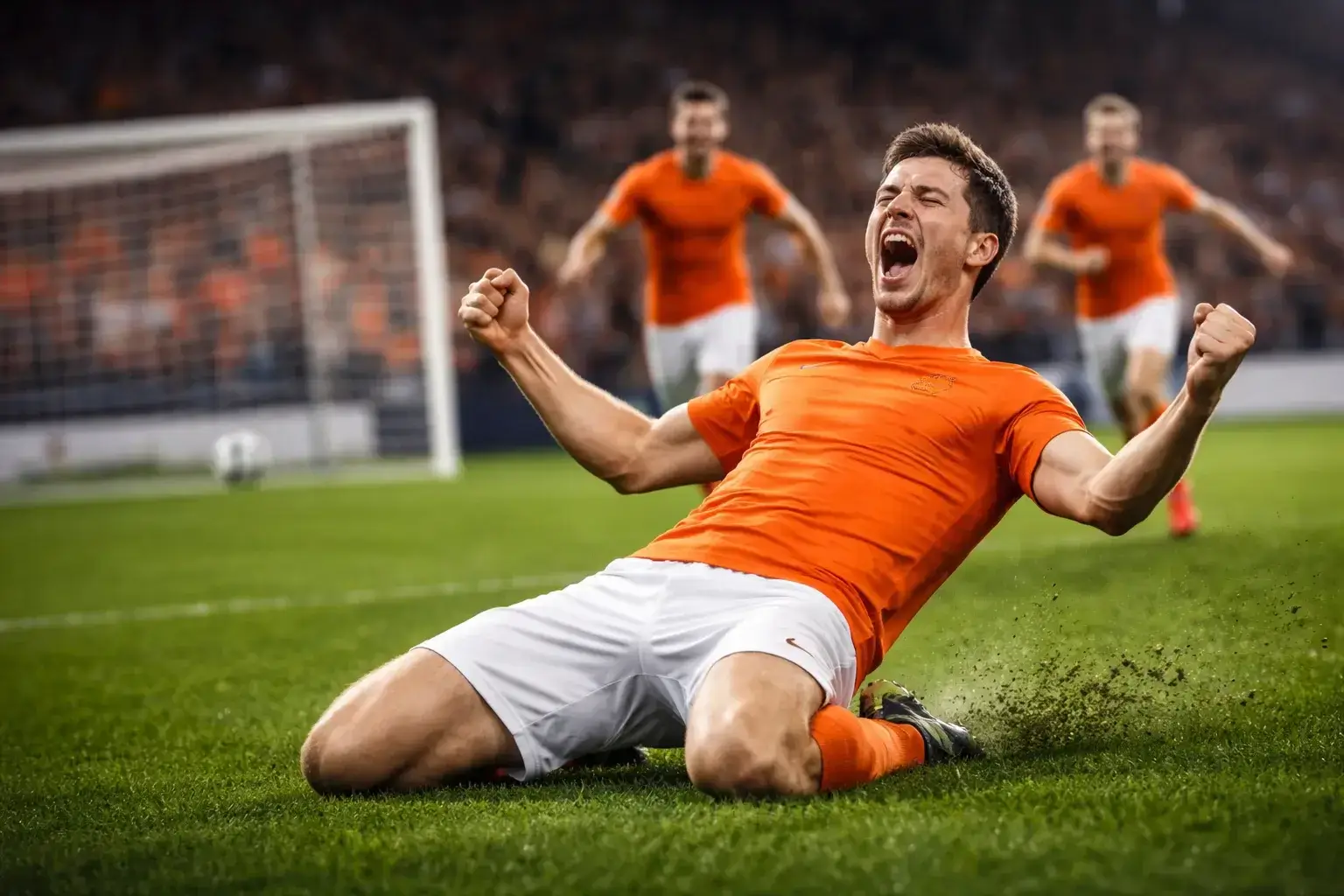 Voetballer viert doelpunt met teamgenoten