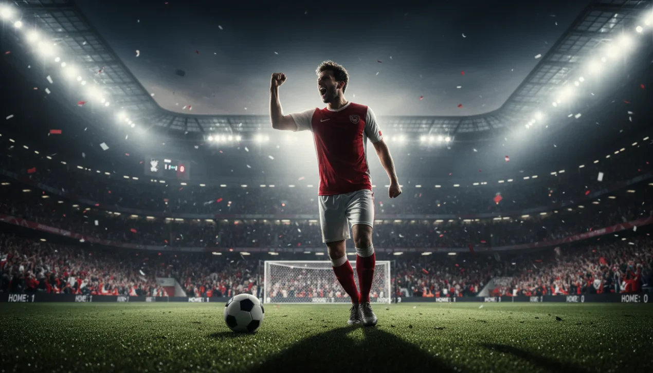 Voetbalspeler viert een doelpunt met gebalde vuist voor een juichend publiek in het stadion