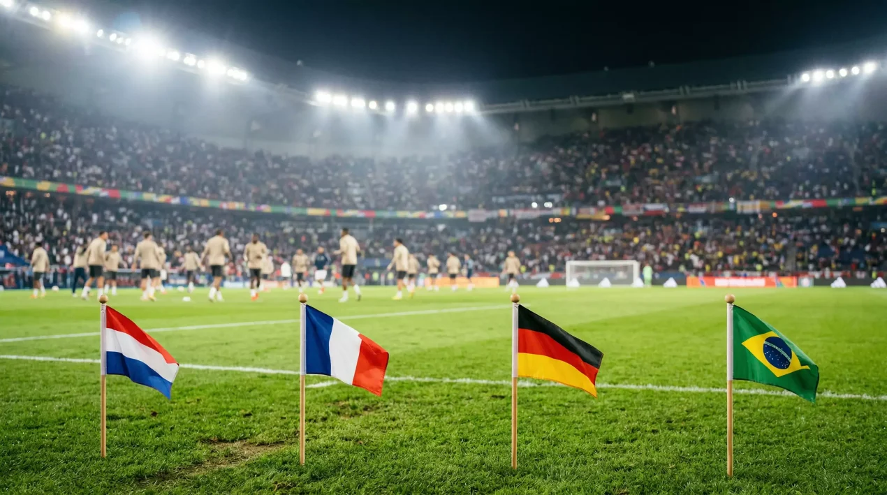 Internationaal voetbaltoernooi met nationale vlaggen rond een verlicht stadion bij avond