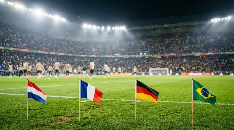Internationaal voetbaltoernooi met nationale vlaggen rond een verlicht stadion bij avond
