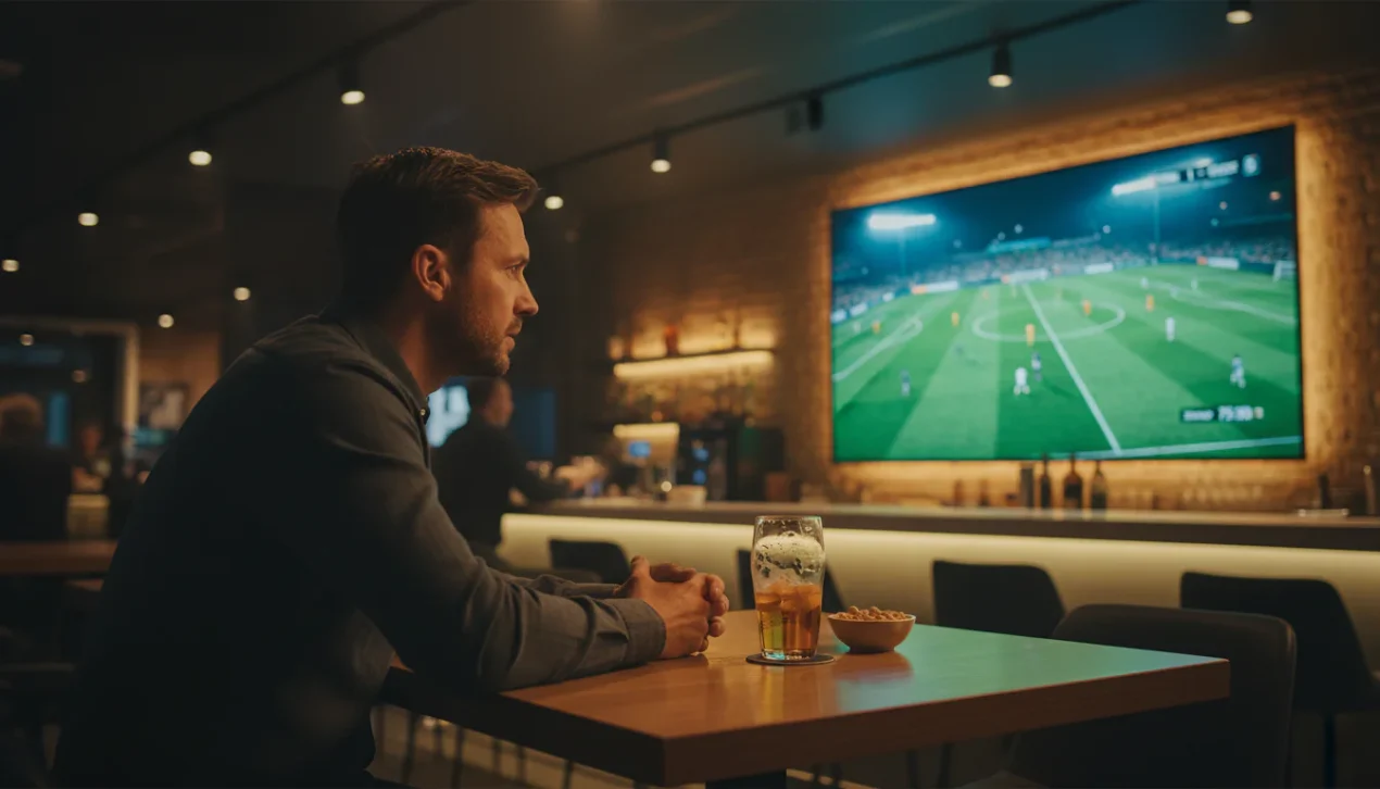 Sportwedder bekijkt een voetbalwedstrijd op een groot scherm in een sportbar