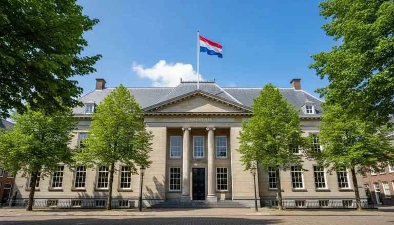 Officieel Nederlands overheidsgebouw met een vlag en een heldere lucht op de achtergrond