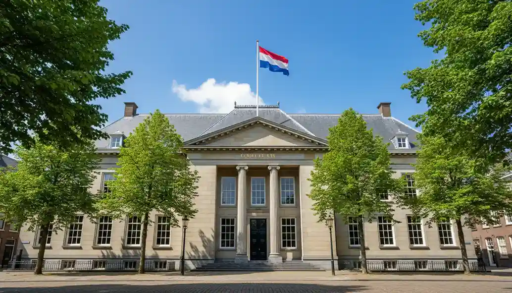 Officieel Nederlands overheidsgebouw met een vlag en een heldere lucht op de achtergrond
