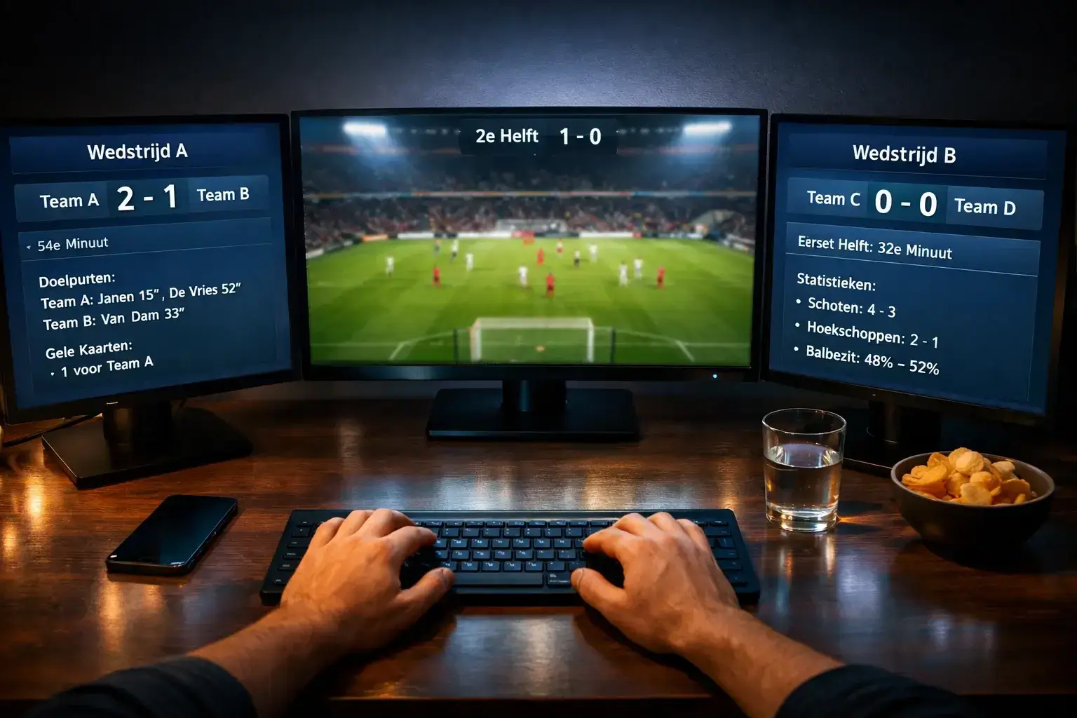 Live wedden setup met meerdere monitoren voor Champions League avond