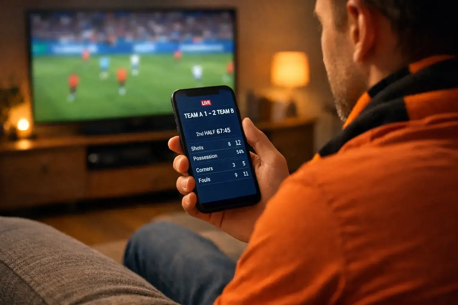 Voetbalfan volgt live wedstrijd op smartphone terwijl wedstrijd op achtergrond speelt