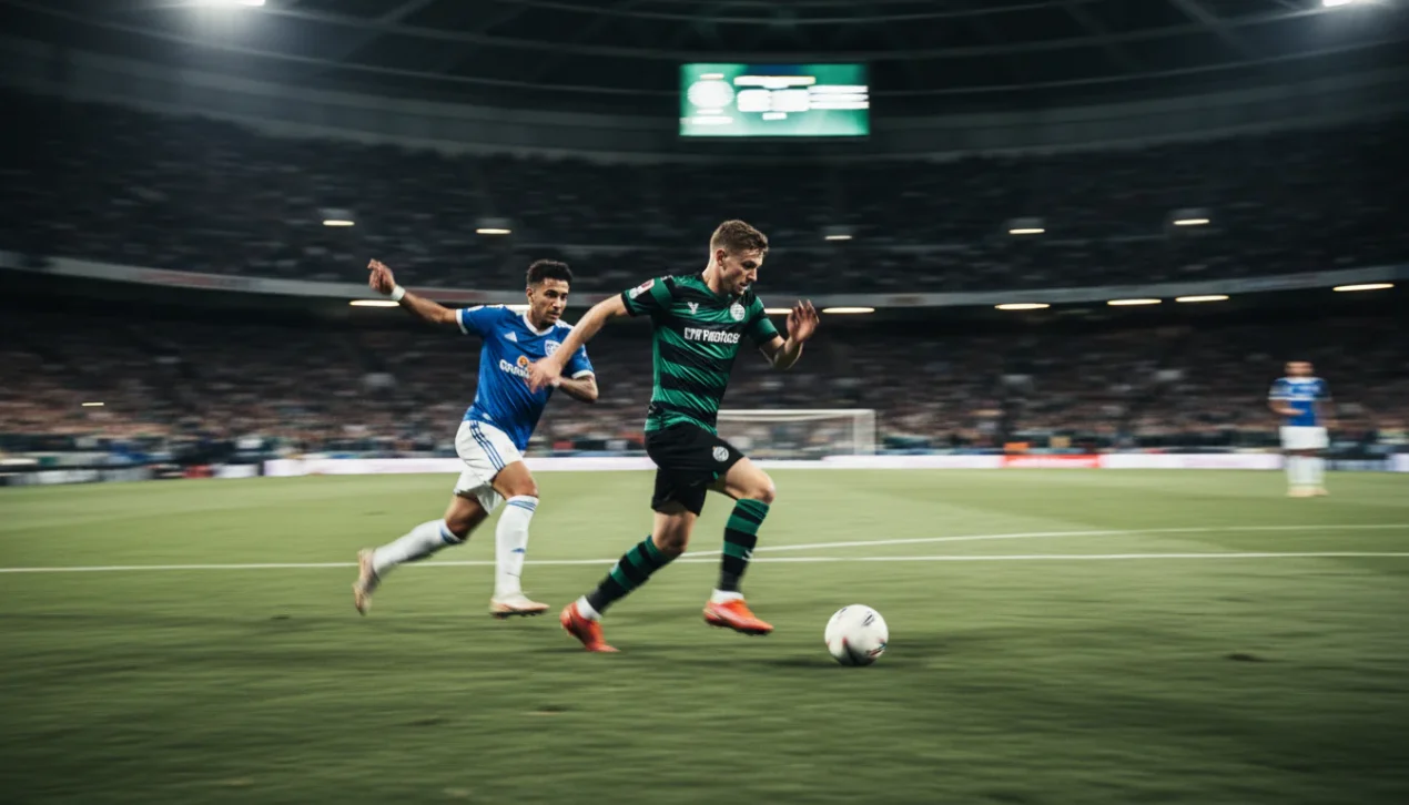 Voetbalwedstrijd in volle gang op een verlicht veld met bewegende spelers en een gespannen publiek