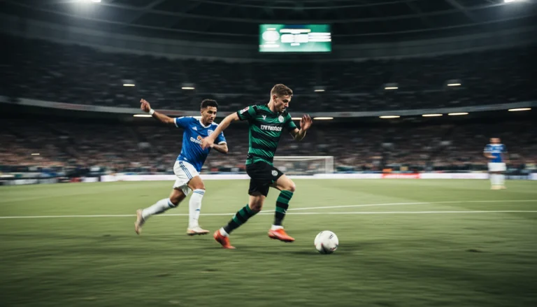Voetbalwedstrijd in volle gang op een verlicht veld met bewegende spelers en een gespannen publiek