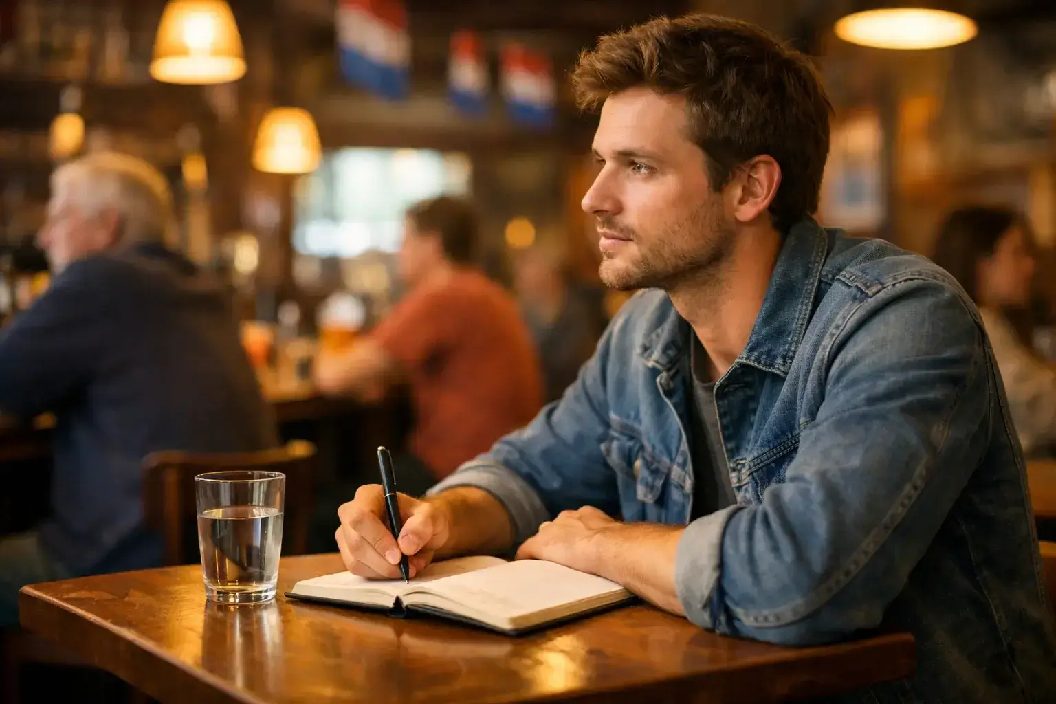 Voetbalfan maakt notities tijdens het kijken naar een wedstrijd in een cafe