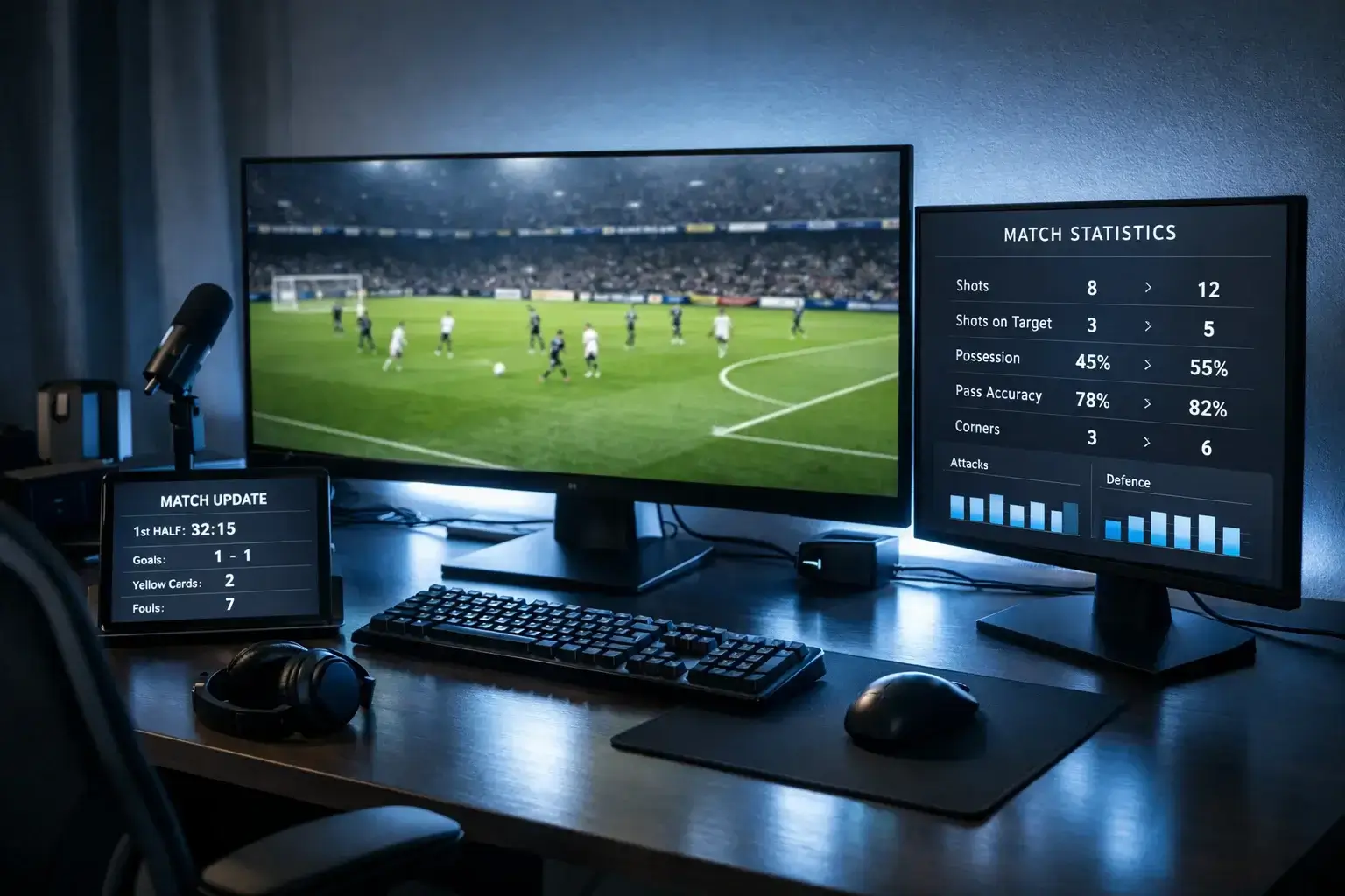 Moderne setup met meerdere schermen die live voetbalwedstrijden en statistieken tonen