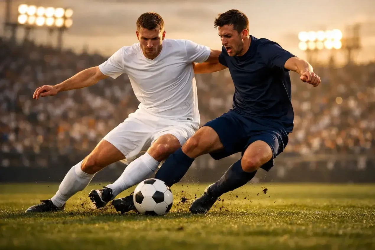 Dynamische voetbalactie op het veld met spelers in duel om de bal