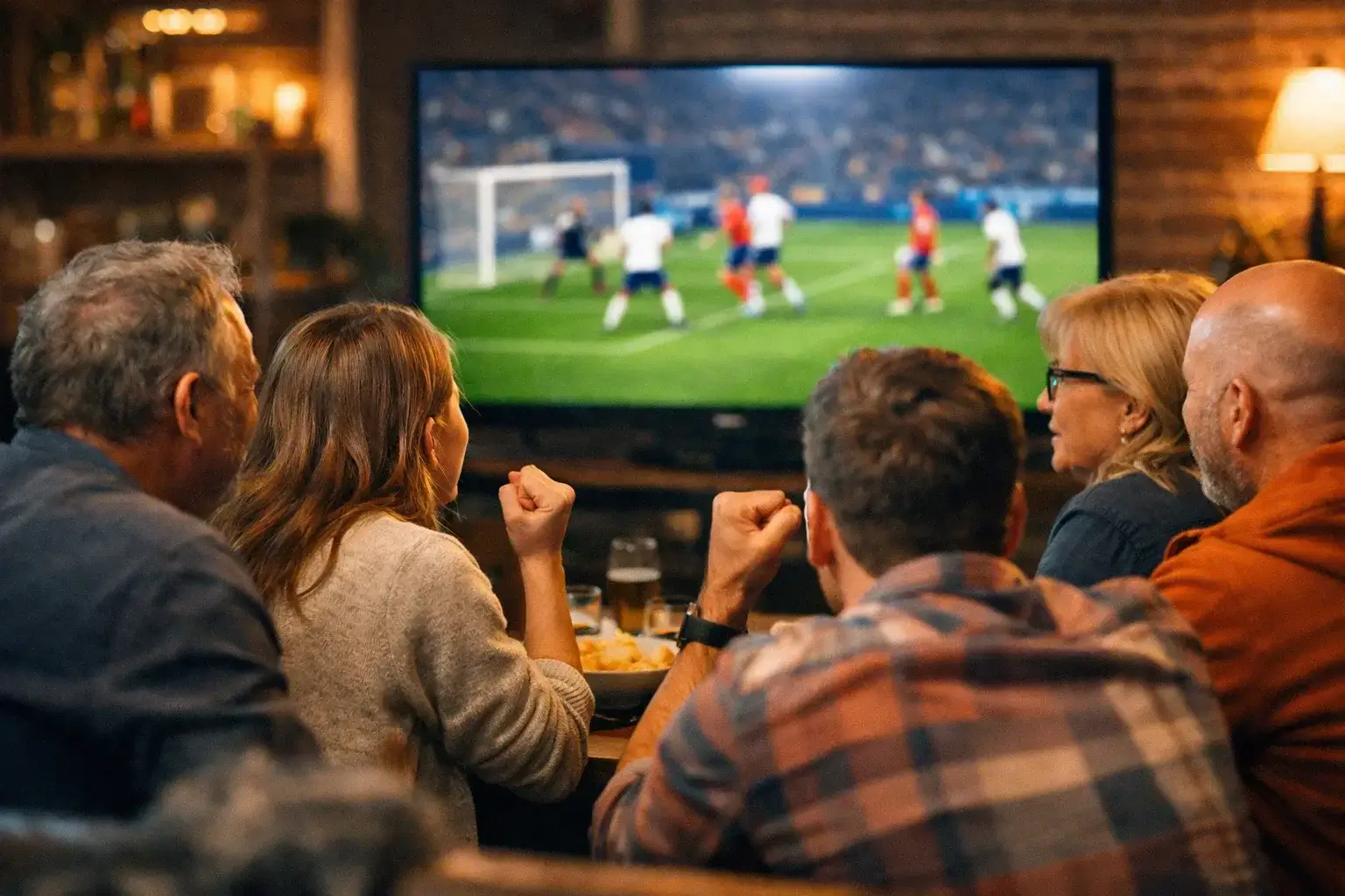 Groep vrienden kijkt samen voetbalwedstrijd op groot scherm in sportcafé