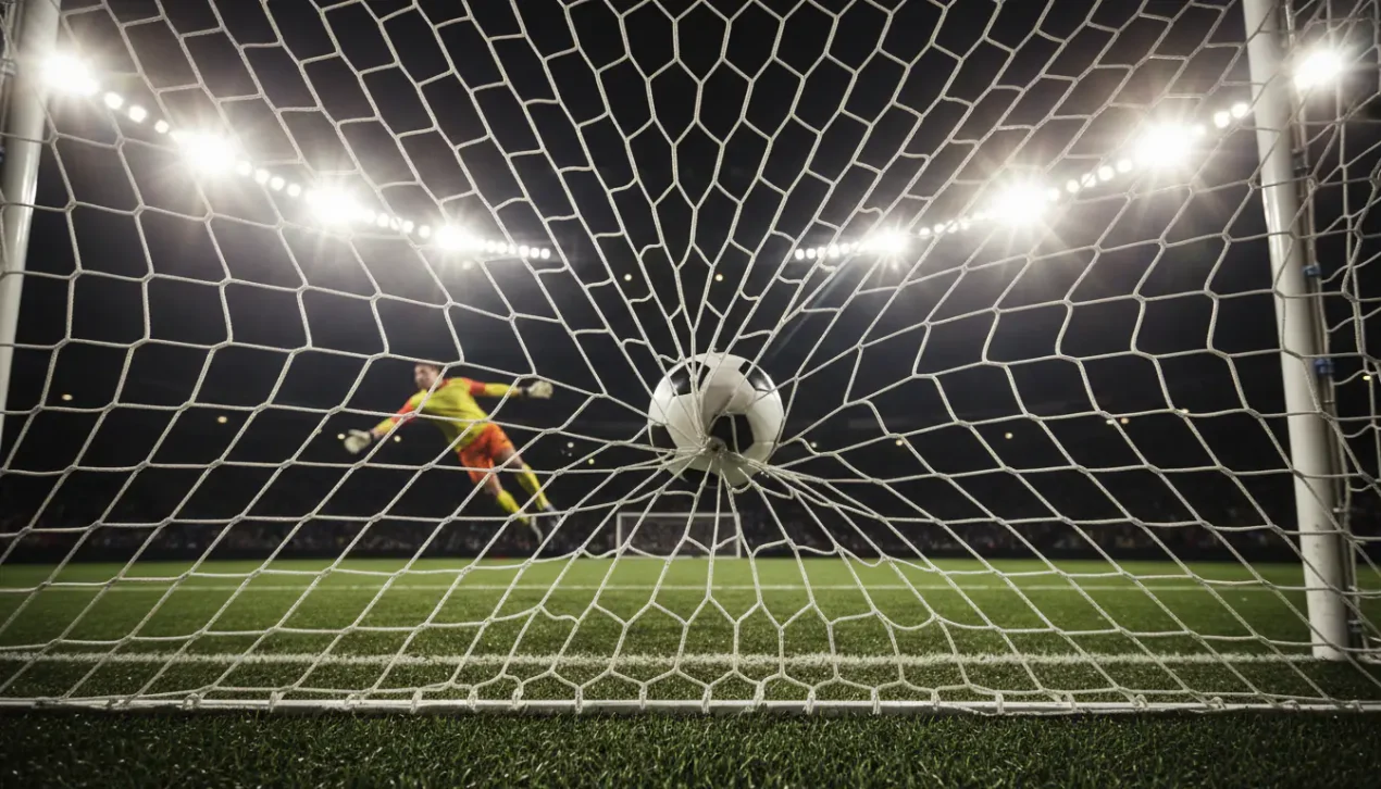 Voetbal die het net raakt bij een doelpunt in een verlicht stadion tijdens avondwedstrijd