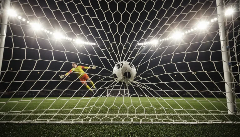 Voetbal die het net raakt bij een doelpunt in een verlicht stadion tijdens avondwedstrijd