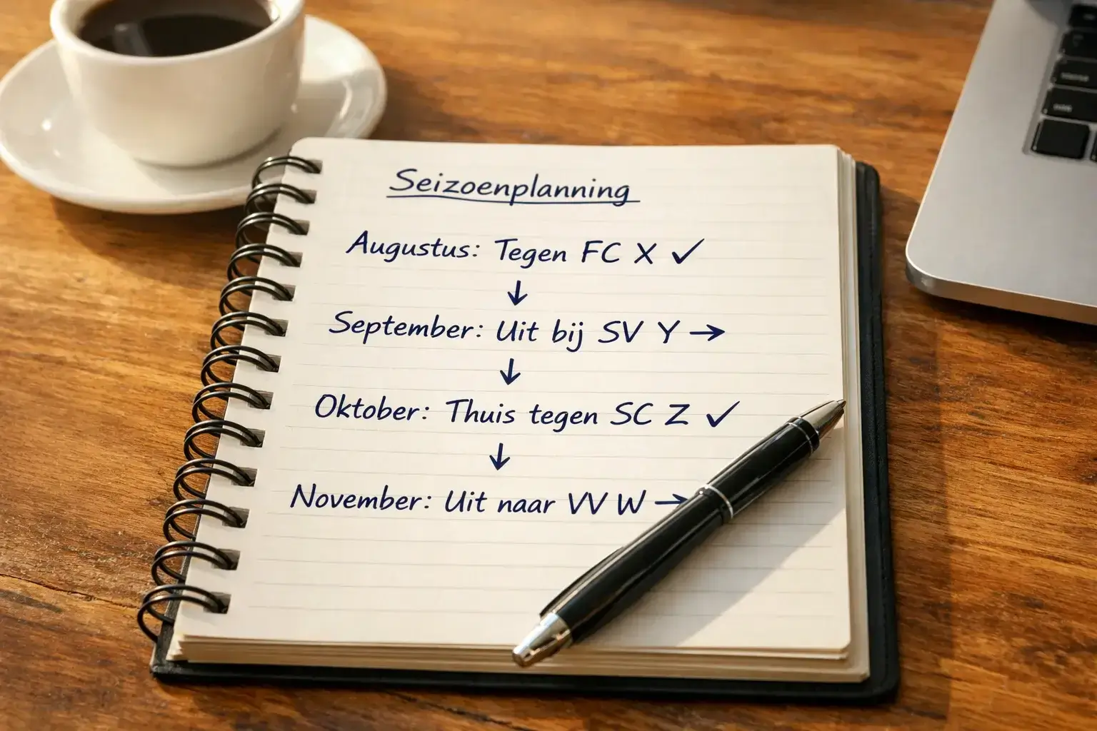 Notitieboek met seizoensplanning en aantekeningen over voetbalcompetitie
