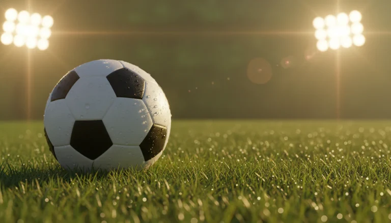 Close-up van een voetbal op een groen veld met stadionverlichting op de achtergrond