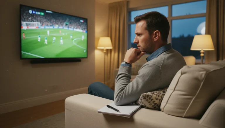 Voetbalfan kijkt bedachtzaam naar een wedstrijd op televisie met een notitieboek naast zich