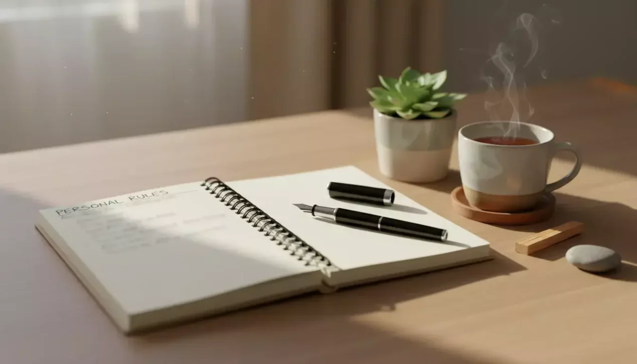 Persoon stelt bewust grenzen in door een notitieboek met regels op een rustig bureau