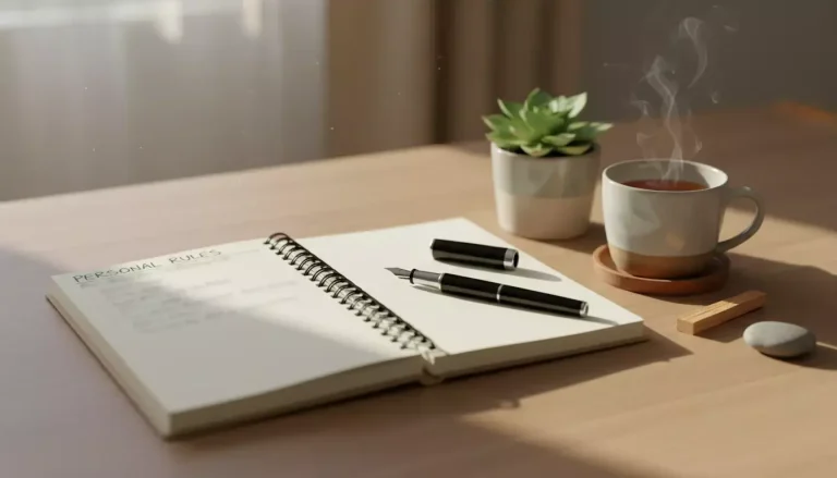 Persoon stelt bewust grenzen in door een notitieboek met regels op een rustig bureau