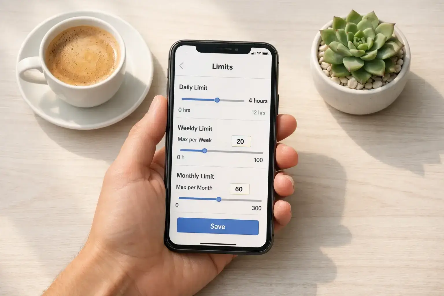 Hand houdt smartphone met speellimiet instellingen naast kop koffie