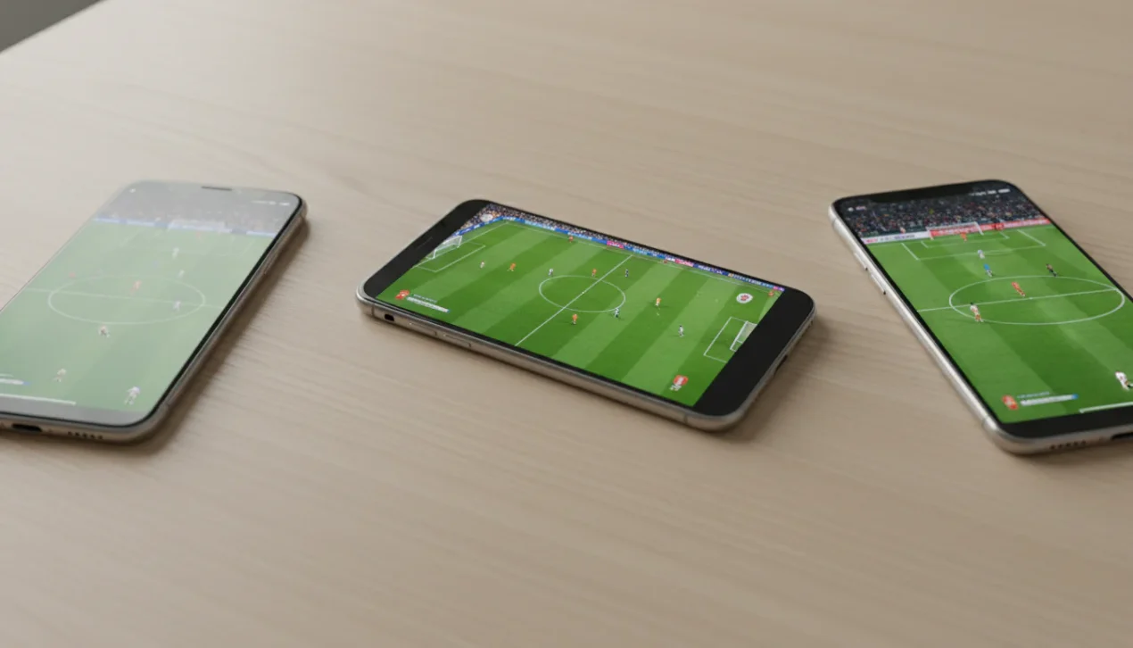 Drie smartphones naast elkaar op een tafel met elk een voetbalwedstrijd op het scherm