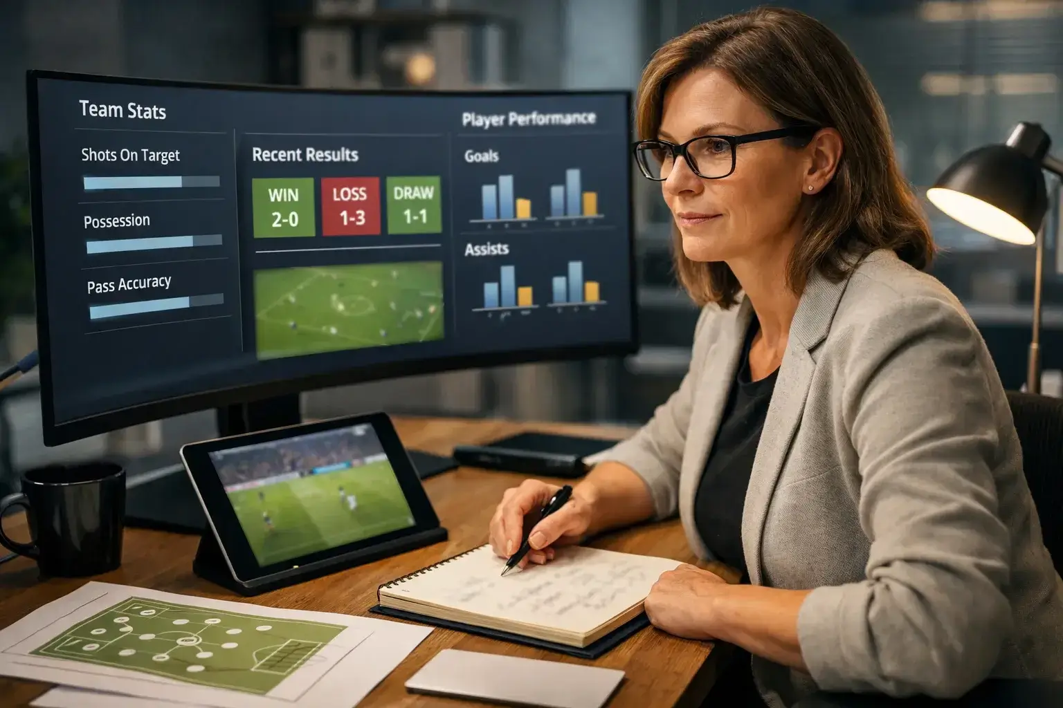 Voetbalanalist bestudeert teamstatistieken en wedstrijdgegevens