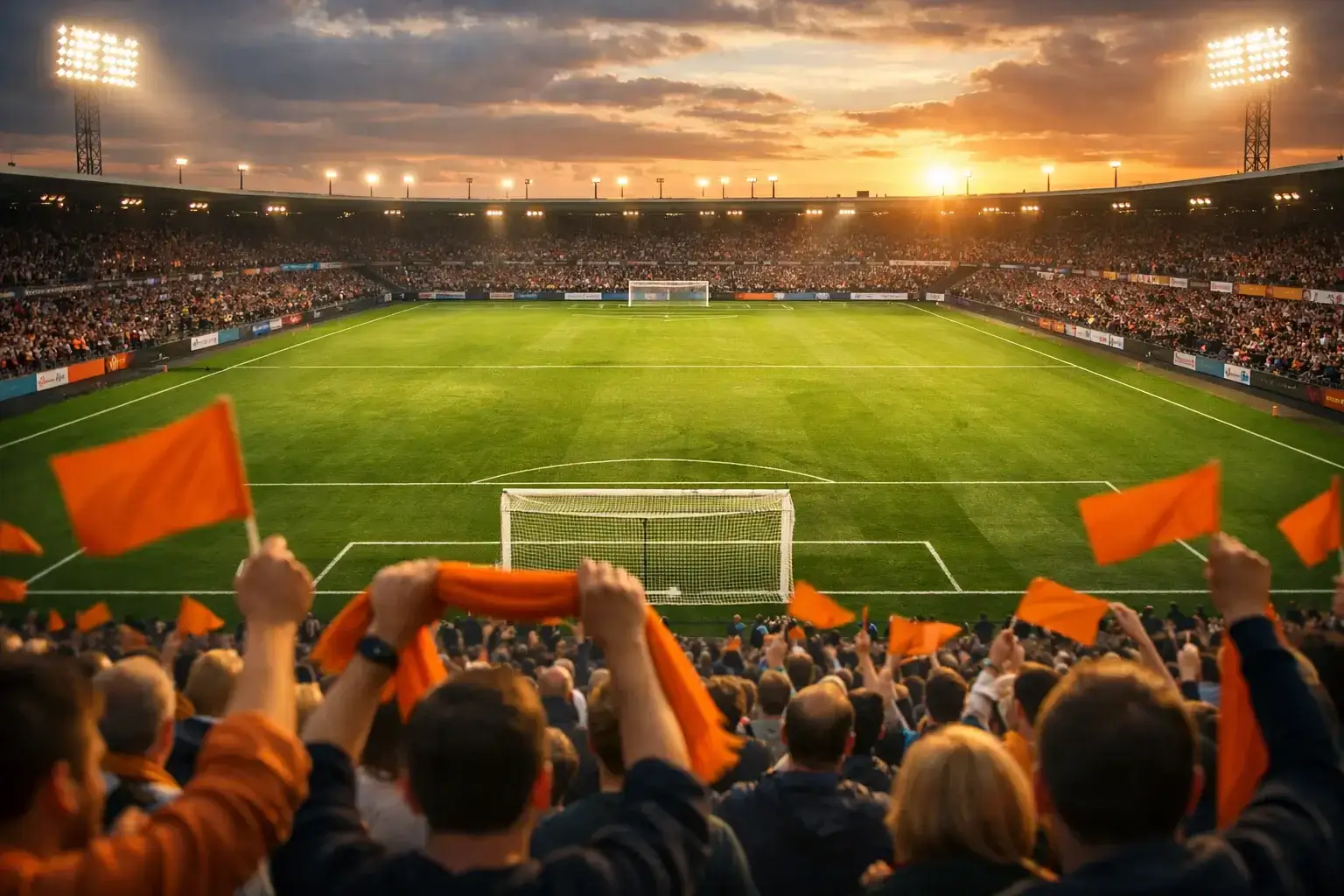 Voetbalstadion tijdens avondwedstrijd met sfeerverlichting en supporters