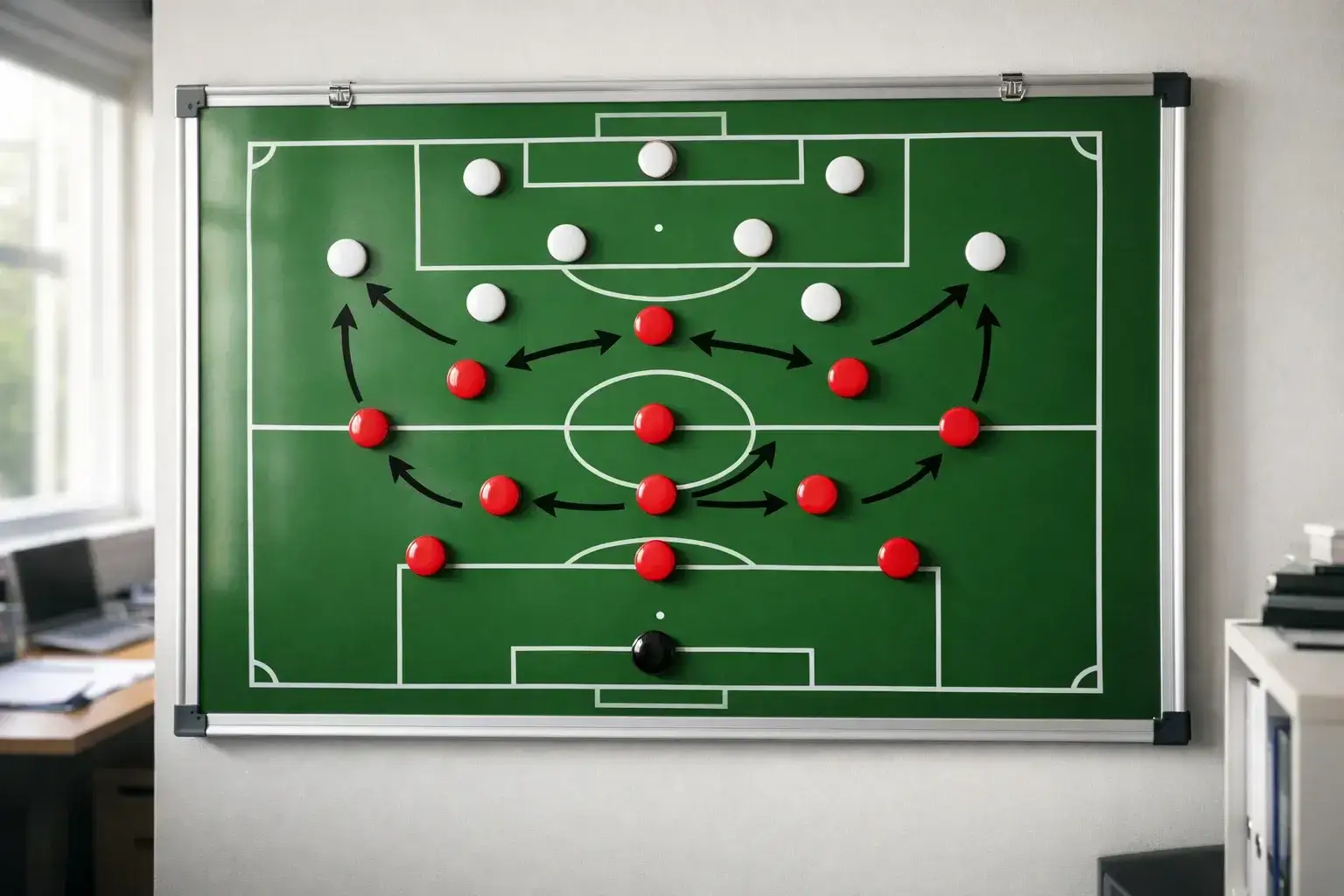 Tactisch bord met voetbalformaties en strategische aantekeningen