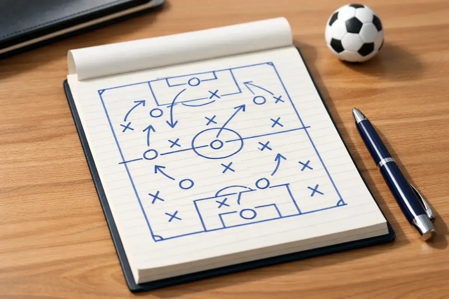 Notitieblok met voetbal tactiek tekeningen en pen op tafel
