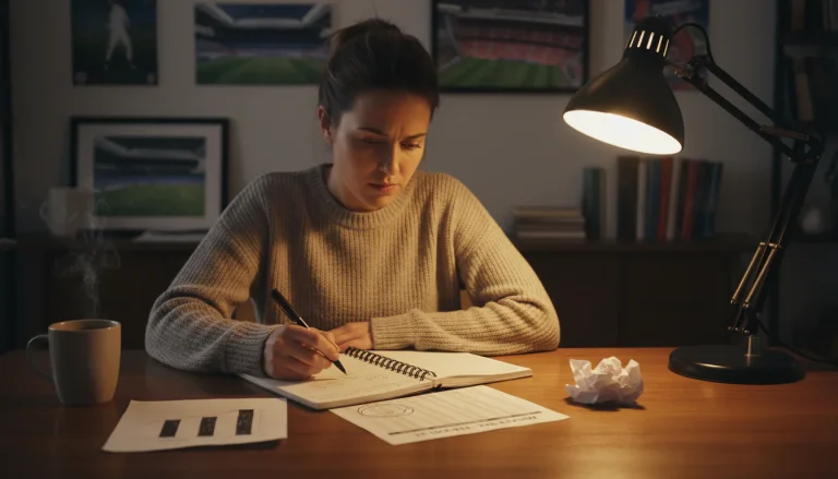 Persoon bestudeert voetbalstatistieken in een notitieboek met een pen aan een bureau
