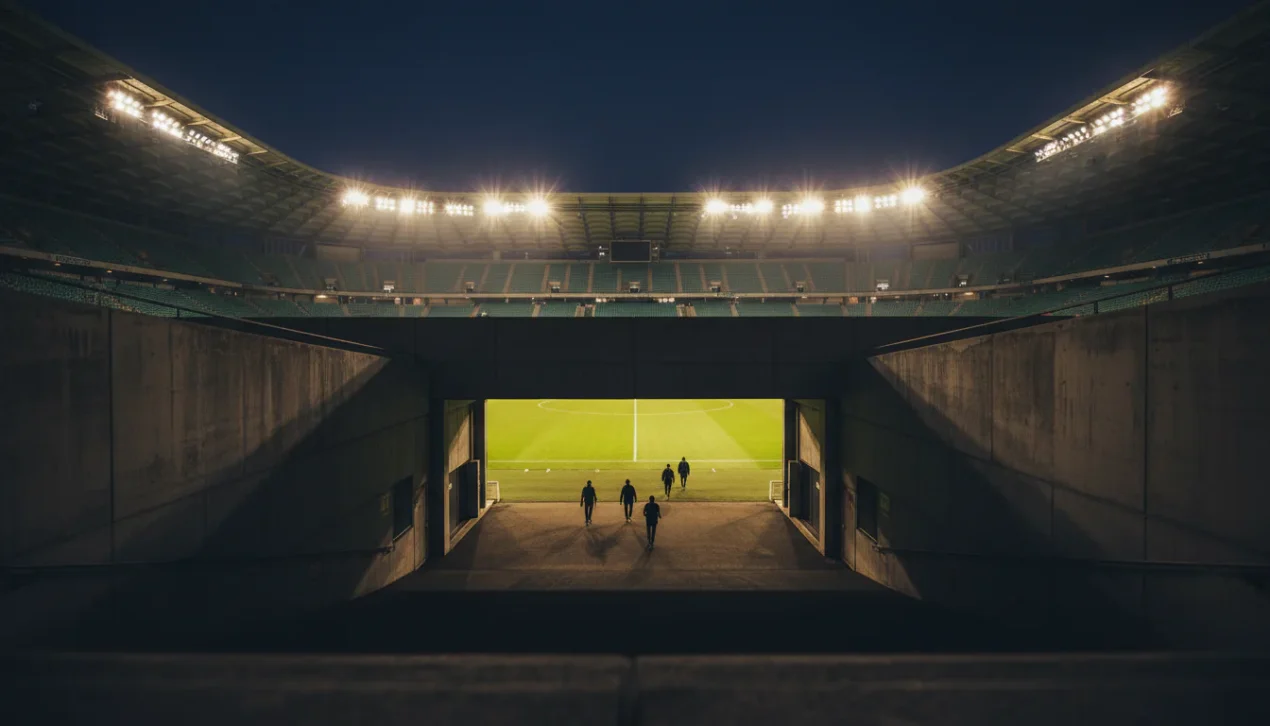 Europees voetbalstadion verlicht bij nacht tijdens een Champions League avondwedstrijd