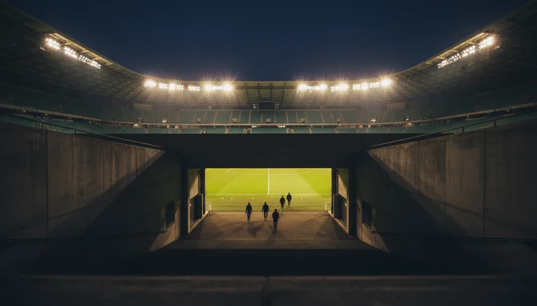Europees voetbalstadion verlicht bij nacht tijdens een Champions League avondwedstrijd