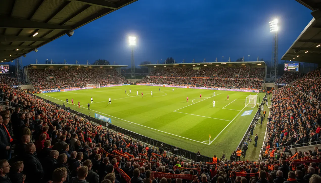 Nederlands voetbalstadion met Eredivisie-wedstrijd op een groene grasmat onder avondverlichting